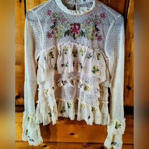 Jella C. Sheer Ruffle Embroidered Long Sleeve Top